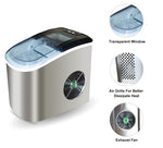 Stainless Steel Portable Ice Maker Compact Countertop with Panoramic View Window, Ice Cube Machine, Bullet Cubes in S/L Size 26 lb/24H for Home Office Party, Boat RV
