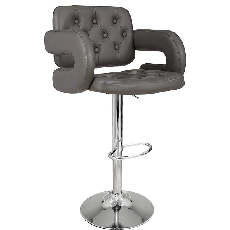 Tufted Modern Grey Swivel Bar Stool with Armrests, Height Adjustable Hydraulic PU Leather, for Pub Chair Kitchen Island Counter, with Footrest and Enlarged Metal Base