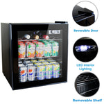 60 Can Wine and Beverage Refrigerator Cooler - Mini Fridge with Reversible Clear Front Glass Door and Thermostat, LED light 1.6cu.ft