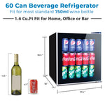 60 Can Beverage Refrigerator Cooler - Mini Fridge with Reversible Clear Front Glass Door for Beer Soda or Wine Drink Machine for Home, Office or Bar, 1.6cu.ft