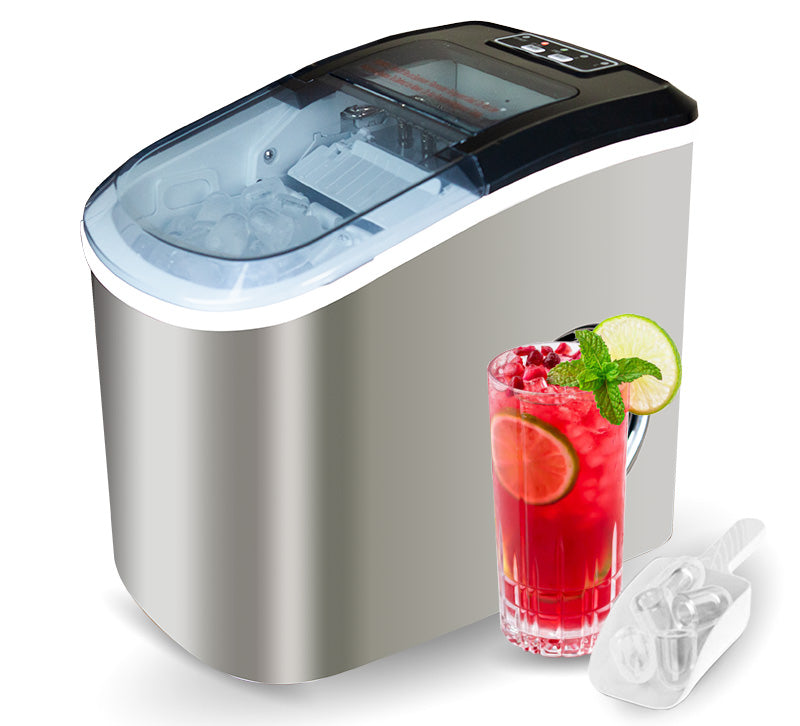 Stainless Steel Portable Ice Maker Compact Countertop with Panoramic View Window, Ice Cube Machine, Bullet Cubes in S/L Size 26 lb/24H for Home Office Party, Boat RV