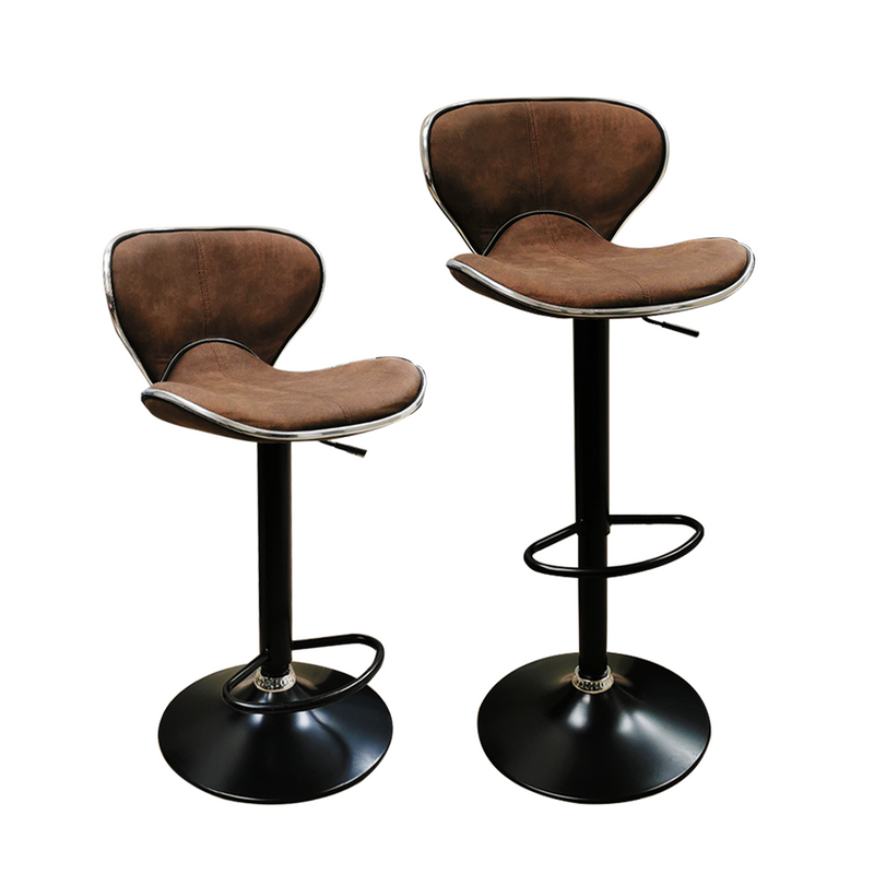 Set of 2 Retro Brown Fabric Height Adjustable Hydraulic Bar Stool for Pub Chair Kitchen Island Counter, with Backrest and Enlarged Metal Base