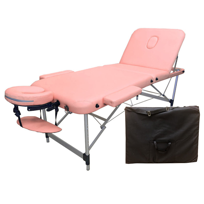 3-Section Aluminum 84 Inch Portable Massage Table Facial SPA Bed Tattoo with Carry Case, Face Cradle and Arm Rests, Home Therapist （Pink)